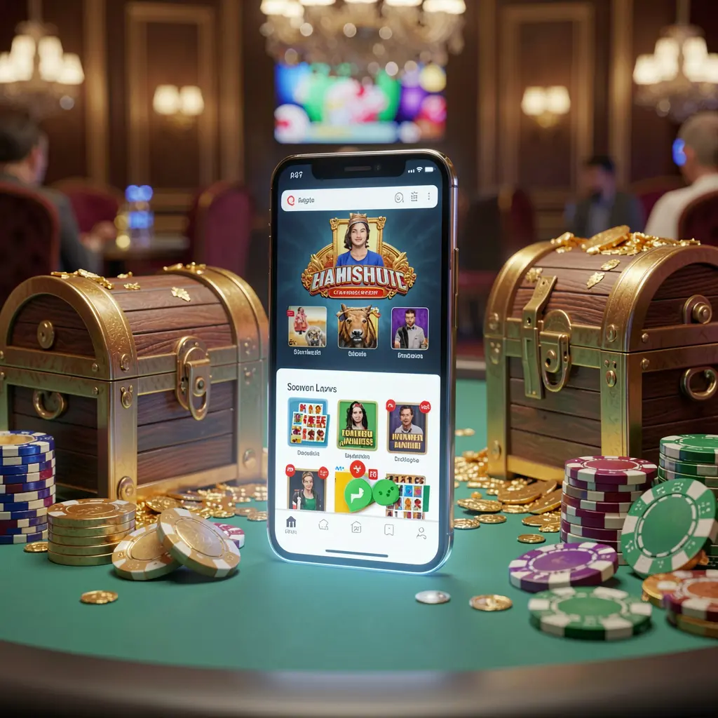 Glowing smartphone displaying 110MG Casino APK with Android-style mobile app layout, surrounded by a treasure chest, chips, and coins in a luxury 3D render