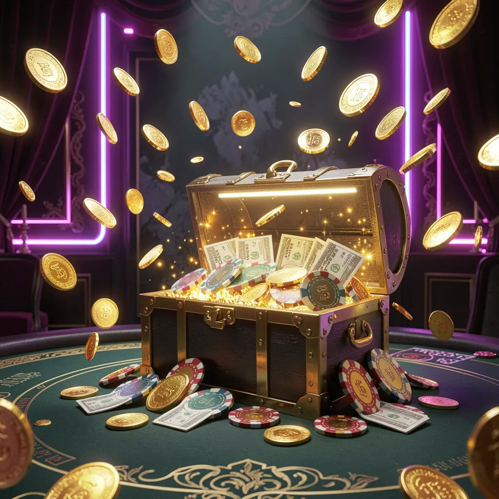 A premium online casino bonus hero banner featuring 110MG with golden coins flying in the air and a glowing treasure chest full of chips and cash against a luxury dark background with neon accents, creating a festive and elegant casino atmosphere in high detail and cinematic lighting