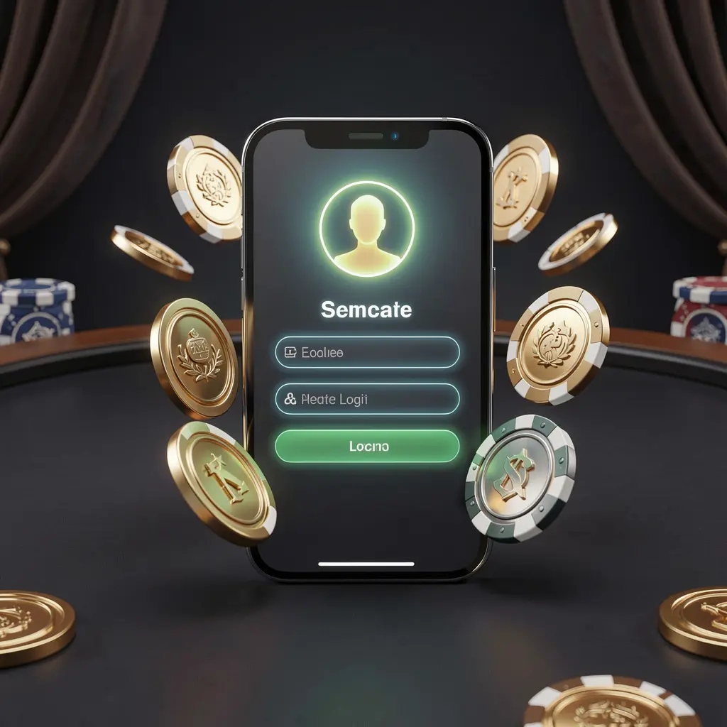 110MG online casino login page hero banner featuring a modern smartphone with a secure login screen, glowing user profile icon, golden coins, and poker chips against a dark luxury background