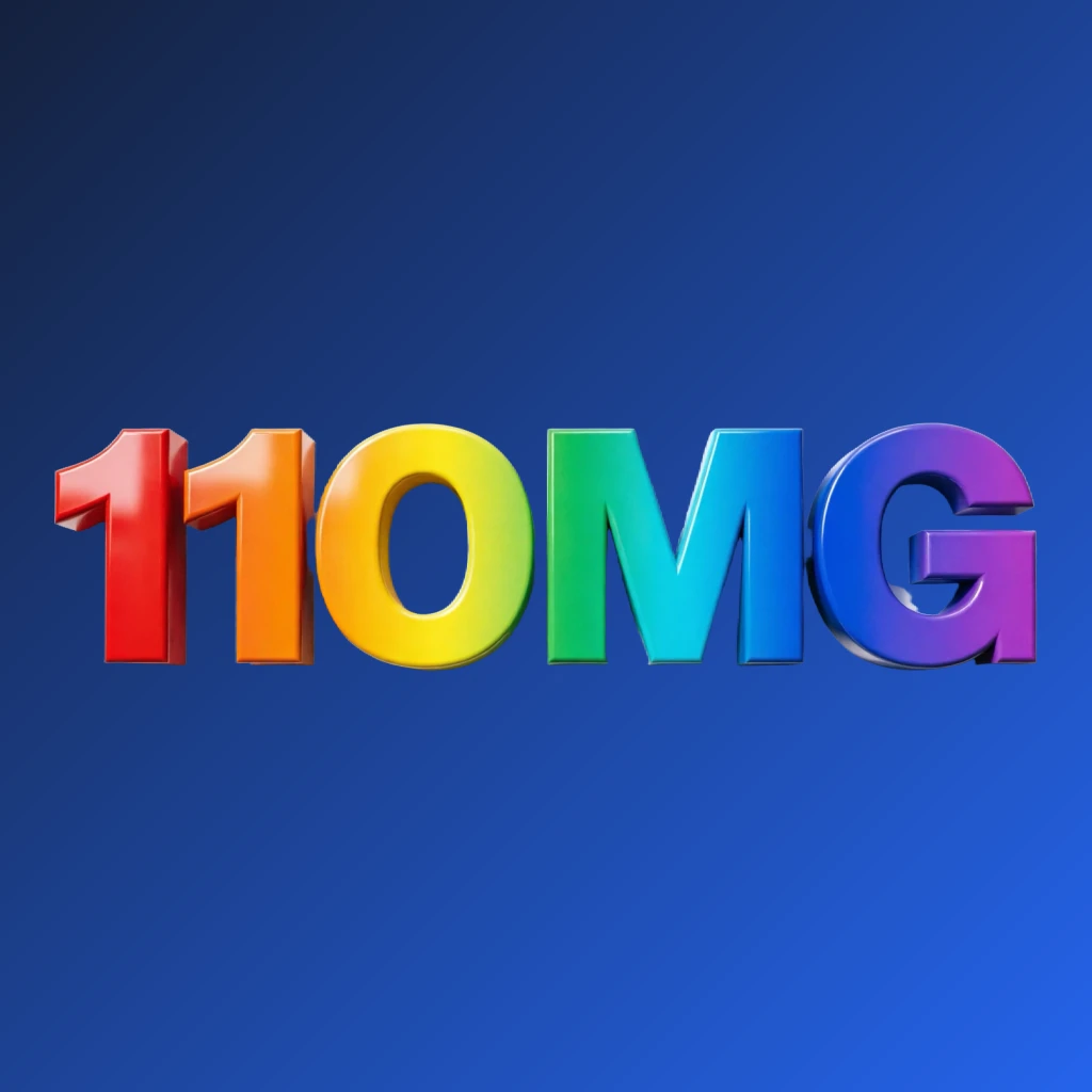 3D logo of 110MG with oversized bold font in colorful rainbow gradient and glossy plastic texture, featuring strong shadows and highlights on a transparent background, designed as a horizontal rectangular wordmark for website header