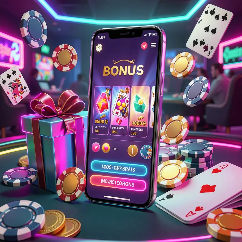 Modern casino website hero scene featuring a smartphone with a glowing interface surrounded by a bonus gift box, chips, coins, and playing cards in a premium neon casino style, showcasing 110MG's responsible gaming theme